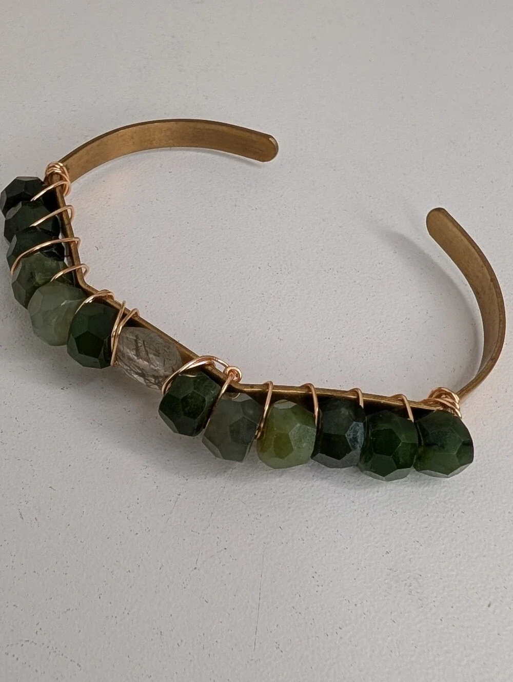 Faceted Nephrite Jade Wire-Wrapped Cuff Bracelet